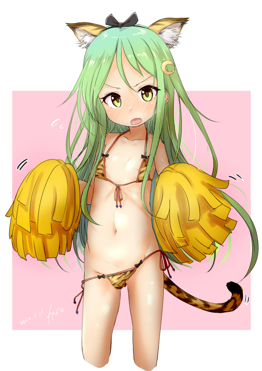 1girl absurdres animal_ears animal_print bikini crescent crescent_hair_ornament cropped_jacket flat_chest front-tie_bikini_top front-tie_top fyuo green_eyes green_hair hair_ornament highres holding holding_pom_poms kantai_collection long_hair micro_bikini nagatsuki_(kancolle) navel orange_bikini oversized_gloves pom_pom_(cheerleading) pom_poms side-tie_bikini_bottom solo standing swimsuit tail tiger_ears tiger_print tiger_tail two-tone_background