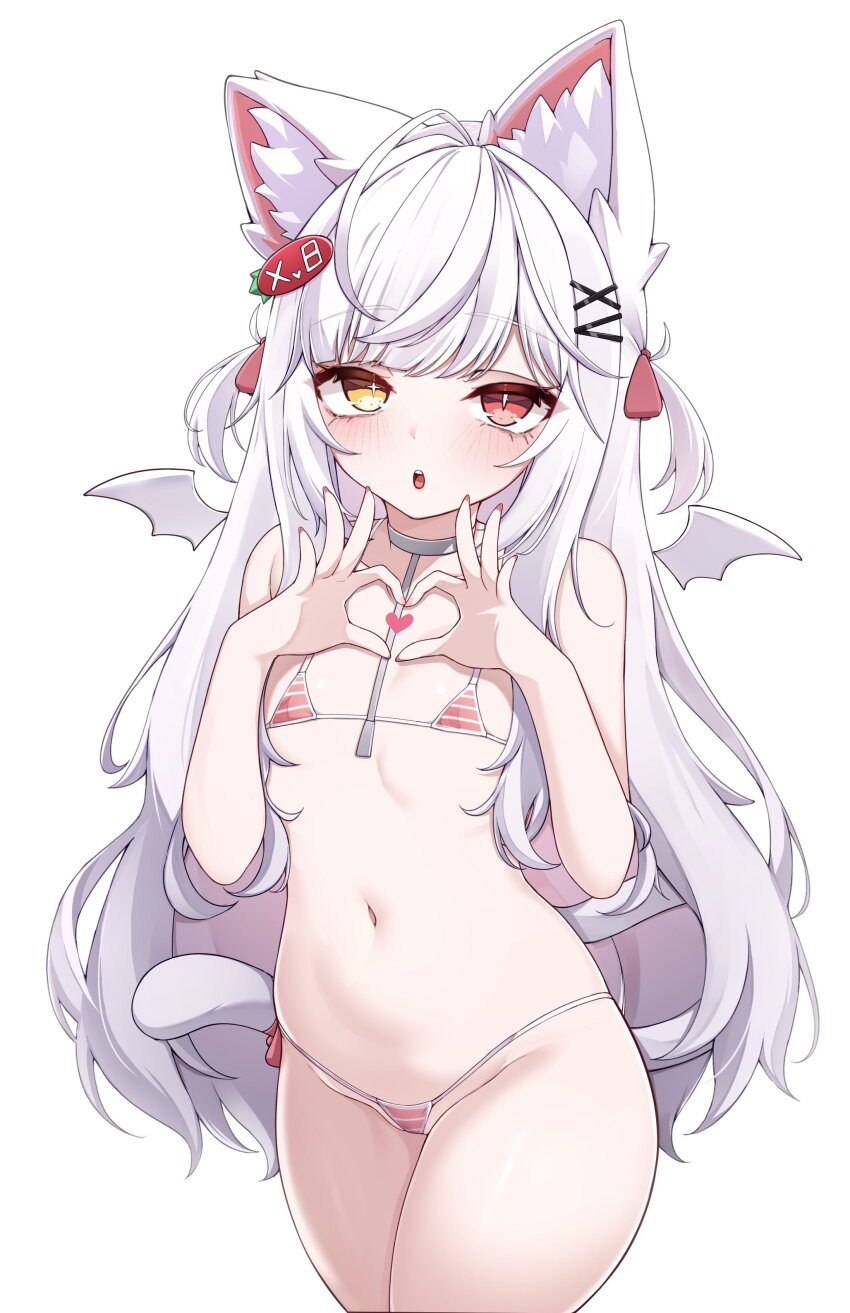 15pahe 1girl absurdres animal_ear_fluff animal_ears bikini blush cat_ears cat_girl cat_tail choker cropped_legs flat_chest flower food-themed_hair_ornament hair_flower hair_ornament hairclip heart heart_hands heterochromia highres loli long_hair looking_at_viewer micro_bikini mini_wings navel open_mouth original pink_bikini red_eyes simple_background solo strawberry_hair_ornament striped_bikini striped_clothes swimsuit tail thighs two_side_up very_long_hair white_background white_hair wings x_hair_ornament yellow_eyes