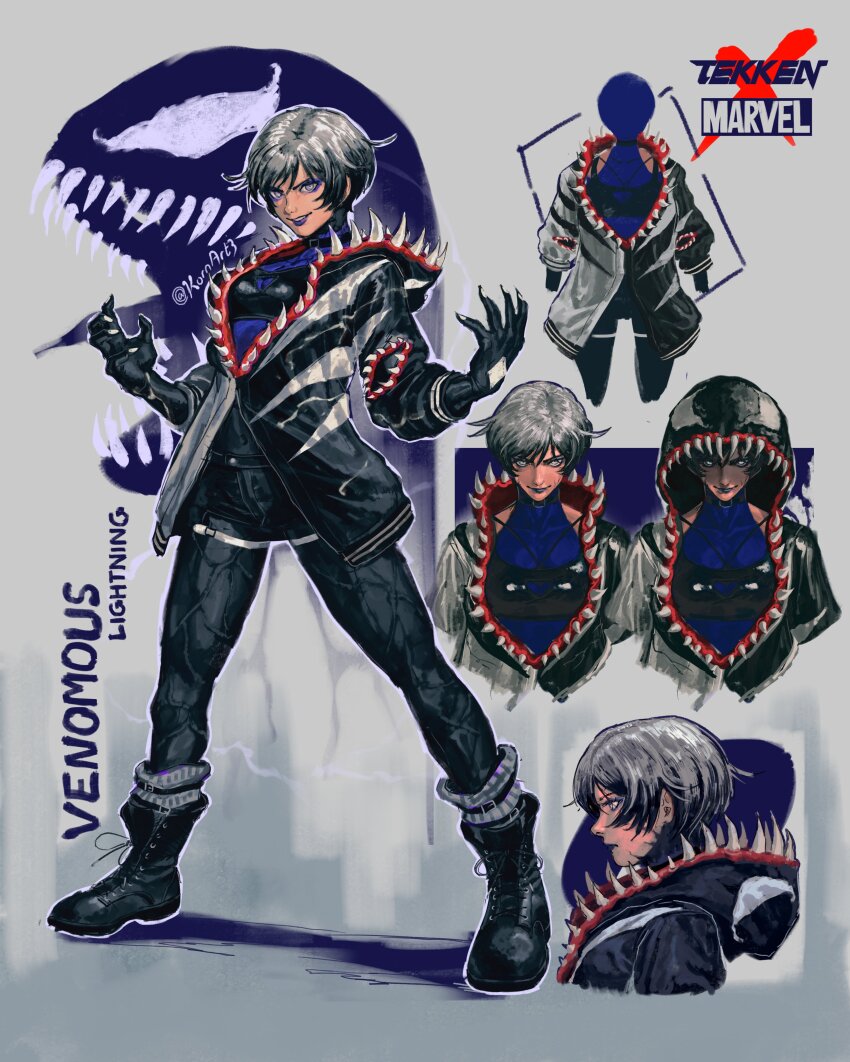 1girl absurdres alternate_costume black_footwear black_hair black_hoodie boots closed_mouth cosplay full_body grey_background grin highres hood hood_down hood_up hoodie kornart legs_apart long_sleeves looking_at_viewer marvel multiple_views purple_eyes purple_lips reina_(tekken) short_hair smile tekken venom_(marvel) venom_(marvel)_(cosplay) very_short_hair