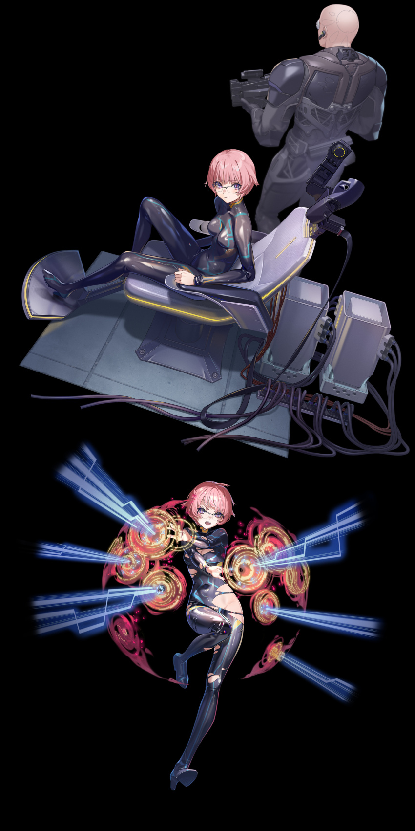 1boy 1girl absurdres alternate_costume bald black_background bodysuit boma_(gits) breasts chair cleavage crossover cyborg ezaki_purin ghost_in_the_shell ghost_in_the_shell:_sac_2045 girls&#039;_frontline glasses gun high_heels highres holding holding_gun holding_weapon looking_at_viewer machinery mecha_pilot_suit official_art pink_hair plugsuit_(evangelion) short_hair solo torn_clothes virtual_reality weapon wire yitiao_er-hua