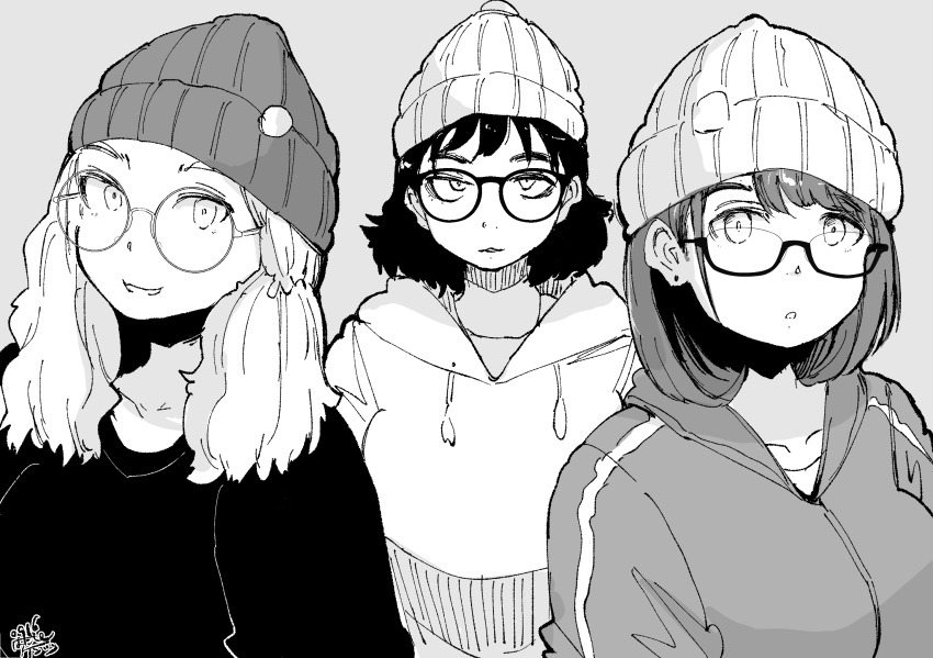 3girls glasses greyscale hadashi_no_kenji hat highres hood hood_down jacket looking_at_viewer medium_hair monochrome multiple_girls original semi-rimless_eyewear skullcap smile track_jacket upper_body