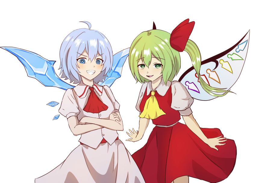 2girls ascot blue_eyes blue_hair bow cirno cosplay costume_switch crossed_arms crystal crystal_wings daiyousei dress flandre_scarlet green_eyes green_hair hair_bow highres looking_at_viewer merihari07 multiple_girls open_mouth puffy_short_sleeves puffy_sleeves red_vest remilia_scarlet ribbon shirt short_hair short_sleeves side_ponytail simple_background skirt skirt_set smile touhou vest white_background white_shirt wings yellow_ascot