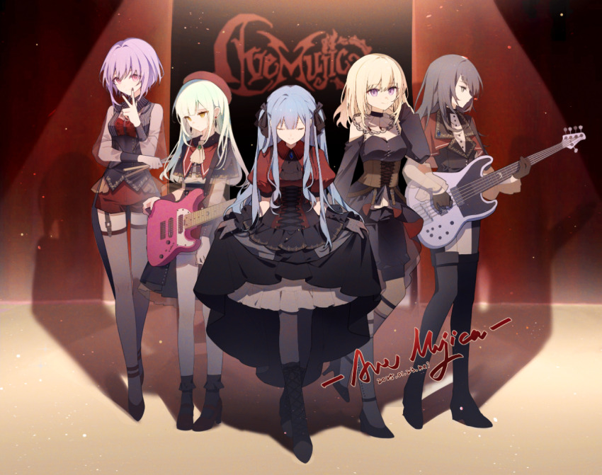 5-string_bass_guitar 5girls amoris_(bang_dream!) ascot ave_mujica_(bang_dream!) bang_dream! bang_dream!_it&#039;s_mygo!!!!! bass_guitar black_ascot black_capelet black_corset black_footwear black_gloves black_hair black_ribbon black_shirt black_skirt black_thighhighs blonde_hair blue_brooch blue_hair boots brown_corset capelet chinese_commentary closed_mouth clothing_cutout commentary_request copyright_name corset curtsey doloris_(bang_dream!) earrings full_body gloves green_brooch green_hair group_name guitar hair_ribbon hat holding holding_guitar holding_instrument instrument jewelry laoxi_(kei) light_particles long_hair long_sleeves medium_hair misumi_uika mortis_(bang_dream!) mortis_(costume)_(bang_dream!) multiple_girls oblivionis_(bang_dream!) puffy_short_sleeves puffy_sleeves purple_eyes purple_hair red_capelet red_hat red_shirt red_shorts ribbon see-through_clothes see-through_sleeves shadow shirt short_hair short_sleeves shorts shoulder_cutout sidelocks skirt skirt_hold spotlight stage standing thighhighs timoris_(bang_dream!) togawa_sakiko two_side_up wakaba_mutsumi white_ascot yahata_umiri yellow_eyes yuutenji_nyamu