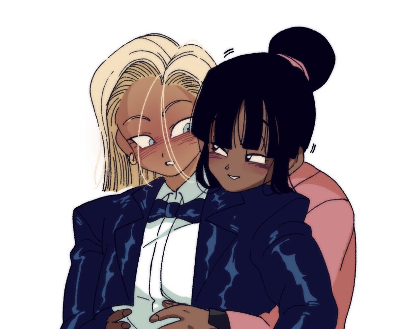 2girls android android_18 assertive_female behind_another black_bow black_bowtie black_eyes black_hair black_suit blonde_hair blue_eyes blunt_bangs blush bow bowtie breasts cal_monssi chi-chi_(dragon_ball) dark-skinned_female dark_skin dragon_ball dragonball_z earrings eyebrows_hidden_by_hair eyelashes formal_clothes grabbing_from_behind hair_bun hands_on_another&#039;s_waist highres jewelry looking_at_another lowered_eyelids multiple_girls pink_shirt seductive_smile shirt short_hair sidelocks smile suit white_background white_undershirt yuri