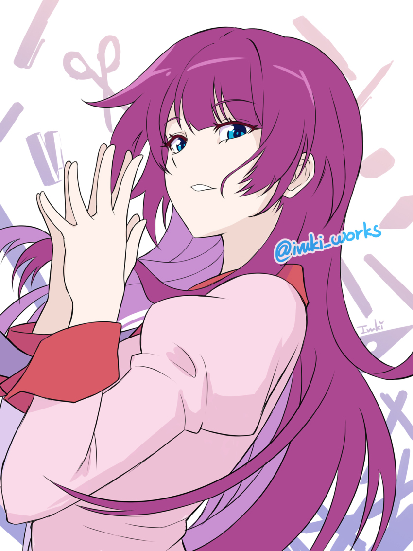 1girl bakemonogatari blue_eyes collared_shirt eraser eyelashes from_side hands_up highres ivuki juliet_sleeves long_hair long_sleeves looking_at_viewer monogatari_(series) naoetsu_high_school_uniform own_hands_together pen pink_shirt puffy_sleeves purple_hair school_uniform scissors senjougahara_hitagi shadow shirt sidelocks signature solo stapler twitter_username upper_body white_background