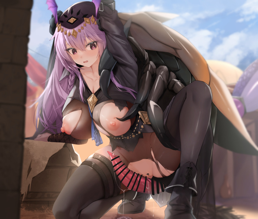1girl aoinu_(aoinu_99) arknights bestiality breasts bug large_breasts long_hair manticore_(arknights) manticore_(under_a_veil)_(arknights) nipples outdoors purple_hair