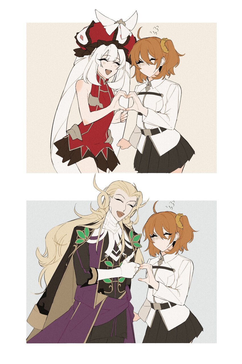 1boy 2girls :d ^_^ absurdres asymmetrical_hair black_skirt blonde_hair blush chaldea_uniform closed_eyes dress facing_viewer fate/grand_order fate_(series) flying_sweatdrops fujimaru_ritsuka_(female) gloves hair_slicked_back hat heart heart_hands heart_hands_duo heart_hands_failure highres marie_antoinette_(fate) multiple_girls no_mouth open_mouth orange_hair pleated_skirt purple_robe red_dress red_hat robe short_hair side_ponytail simple_background skirt sleeveless sleeveless_dress smile thumbs_up twintails white_gloves white_hair wolfgang_amadeus_mozart_(fate) yukkuri_(fumoyun)