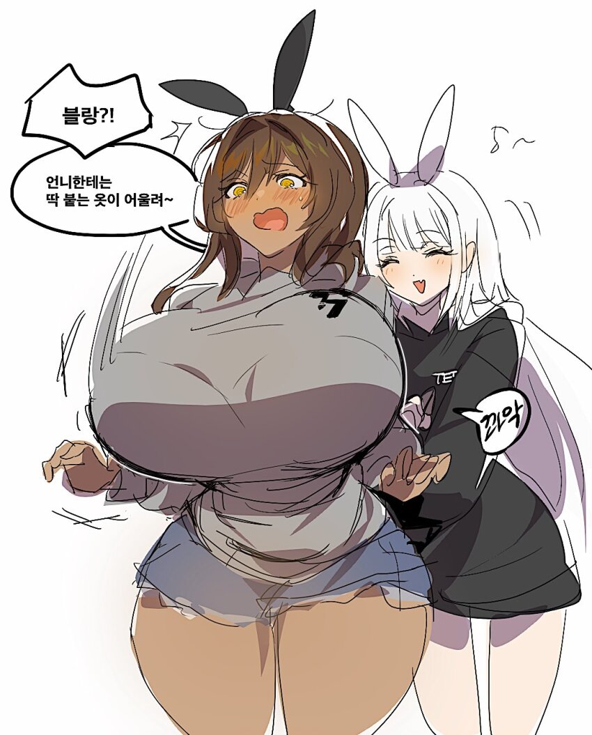 2girls 777_(nikke) alternate_costume animal_ears black_shirt blanc_(nikke) breasts dark-skinned_female dark_skin denim denim_shorts fake_animal_ears goddess_of_victory:_nikke grey_shirt highres huge_breasts korean_text mimlmi multiple_girls noir_(nikke) rabbit_ears shirt shorts simple_background speech_bubble white_background yellow_eyes