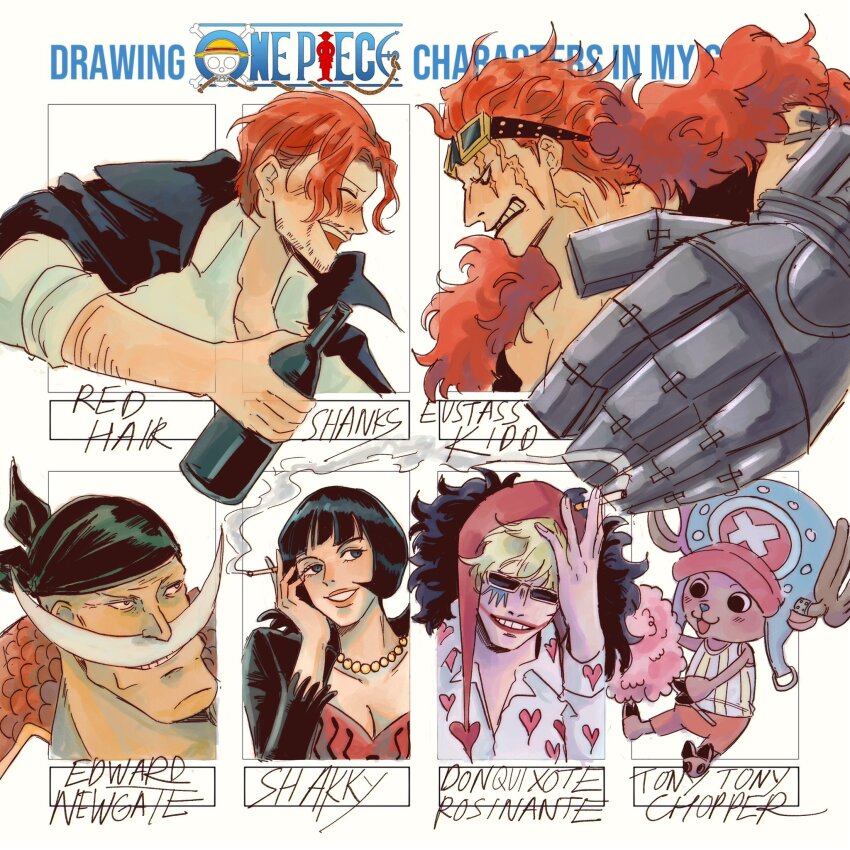 1girl 5boys antlers avaxxah bandana beard_stubble black_hair blonde_hair bob_cut cigarette clenched_teeth commentary copyright_name cotton_candy donquixote_rocinante edward_newgate english_commentary eustass_kid facial_hair food goggles goggles_on_head heart heart_print highres holding holding_cigarette holding_cotton_candy holding_food hood horns looking_at_another looking_to_the_side mechanical_arms multiple_boys multiple_drawing_challenge mustache one_piece profile red_hair reindeer_antlers scar scar_on_face shakuyaku_(one_piece) shanks_(one_piece) shirt single_mechanical_arm smile smoke striped_clothes striped_shirt stubble sunglasses teeth tony_tony_chopper vertical-striped_clothes vertical-striped_shirt