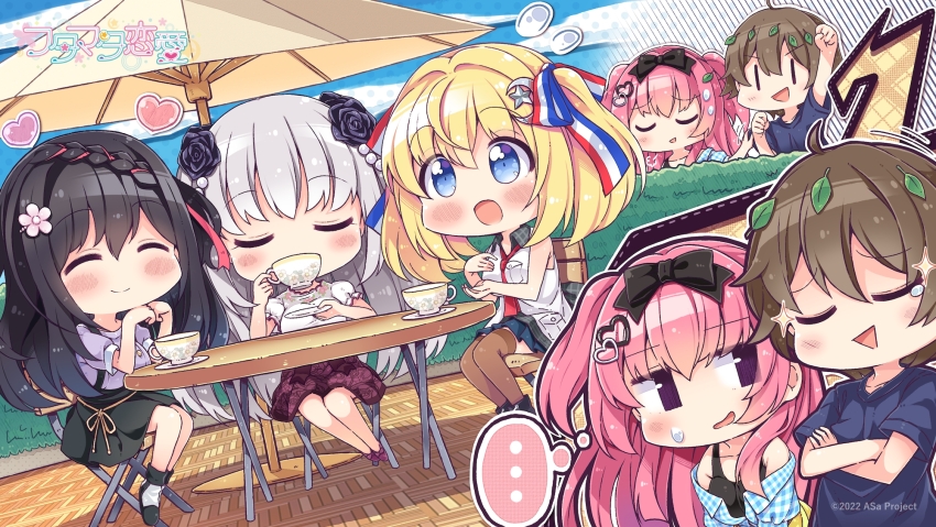 ... 1boy 2022 4girls :d ^_^ ahoge arrow_(symbol) bare_shoulders black_bow black_flower black_hair black_rose black_skirt blonde_hair blue_eyes blue_skirt blunt_ends blush bow braid brown_hair brown_thighhighs chair chibi chibi_only closed_eyes collared_shirt commentary company_name copyright_name crossed_arms cup dated day drinking elbows_on_table eyes_visible_through_hair facing_another flag_print floral_print floral_print_skirt flower flying_sweatdrops french_flag french_flag_print full_body furrowed_brow futamata_ren&#039;ai game_cg grey_hair hair_between_eyes hair_bow hair_flower hair_intakes hair_ornament hair_ribbon heart heart_hair_ornament highres holding holding_cup ibara_seika jitome koga_nao_(futamata_ren&#039;ai) long_hair looking_at_another mikoshiba_rui miniskirt motion_lines multiple_girls necktie nobuta_yua official_art on_chair one_side_up open_mouth outdoors outline pink_flower pink_hair pleated_skirt print_ribbon print_skirt promotional_art puffy_short_sleeves puffy_sleeves purple_eyes purple_shirt red_necktie red_ribbon red_skirt ribbon rose rose_print shirt short_hair short_sleeves sidelocks single_braid sitting skirt sleeveless sleeveless_shirt smile speech_bubble spoken_ellipsis straight_hair sweatdrop t-shirt table takahero tareme teacup thighhighs thought_bubble toiro_kirame triangle_mouth twintails two_side_up under_umbrella upper_body very_long_hair white_outline white_shirt zettai_ryouiki