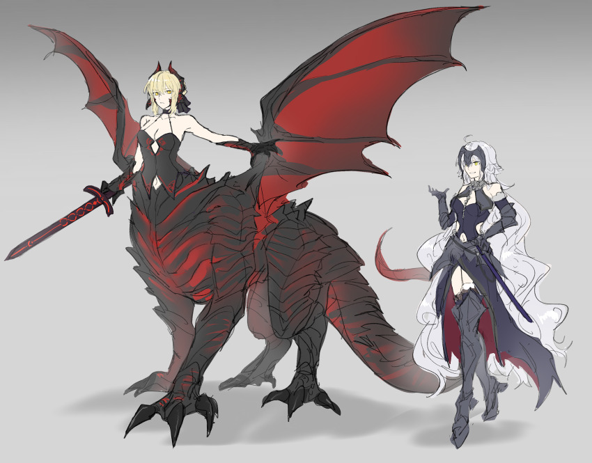 absurdres armor armored_boots artoria_pendragon_(fate) bare_shoulders blonde_hair boots breasts centauroid cleavage clothing_cutout dragon_girl dragon_horns dragon_tail dragon_wings excalibur_morgan_(fate) fate/grand_order fate_(series) faulds full_body fur-trimmed_legwear fur_trim grey_background hair_ribbon headpiece highres holding holding_sword holding_weapon horns jeanne_d&#039;arc_alter_(avenger)_(fate) jeanne_d&#039;arc_alter_(avenger)_(third_ascension)_(fate) jeanne_d&#039;arc_alter_(fate) kelehaoguyipingzi large_breasts long_hair monster_girl monsterification navel_cutout ribbon saber_alter shirt simple_background smile standing sword tail taur thighhighs very_long_hair weapon wings yellow_eyes