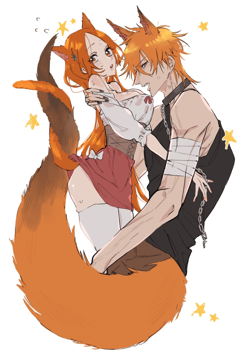 1boy 1girl animal_collar animal_ears arm_around_back bandaged_arm bandages bare_shoulders black_nails black_tank_top bleach blush breasts brown_pants cat_ears cat_girl cat_tail chain chain_leash cleavage clothes_lift collar couple cropped_legs detached_sleeves hair_between_eyes hair_ornament hetero highres inoue_orihime kurosaki_ichigo large_breasts leash long_hair mozukurinn nail_polish open_mouth orange_eyes orange_hair pants parted_bangs parted_lips red_skirt shirt short_hair skindentation skirt skirt_lift snowflake_hair_ornament sweatdrop tail tank_top thighhighs underbust white_background white_shirt white_thighhighs wolf_boy wolf_ears wolf_tail