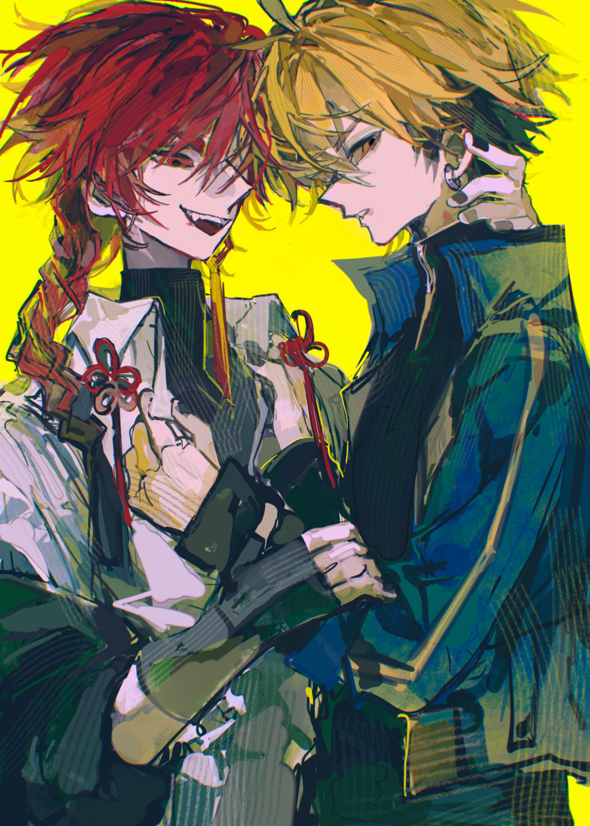 2boys absurdres ahoge black_gloves black_hair black_jacket black_nails black_shirt blonde_hair blue_jacket braid chinese_commentary chinese_knot clothes_down clothes_grab collar_grab collared_shirt earrings fang fingerless_gloves gloves hair_between_eyes hands_on_another&#039;s_neck highres holding_another&#039;s_wrist jacket jacket_partially_removed jewelry long_hair long_sleeves looking_at_another looking_at_viewer male_focus multicolored_hair multiple_boys nail_polish neckwear_grab off_shoulder open_clothes open_jacket open_mouth pants parted_lips profile red_eyes red_hair shiguang_dailiren shirt short_hair simple_background single_braid single_earring sleeves_past_wrists smile tassel tassel_earrings teeth turtleneck upper_body white_shirt xia_fei xiao_weiying xinjinjumin507774888799 yaoi yellow_background yellow_eyes