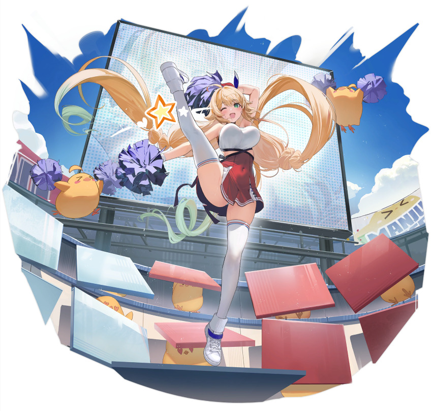 1girl ahoge arm_up armpits azur_lane blonde_hair bouncing_breasts braid breasts byulzzi cheering cheerleader covered_navel dress full_body green_eyes highres large_breasts le_temeraire_(azur_lane) le_temeraire_(cheering_star)_(azur_lane) manjuu_(azur_lane) non-web_source official_alternate_costume official_art one_eye_closed open_mouth outdoors pom_pom_(cheerleading) red_dress shoes sleeveless smile sneakers solo split standing standing_on_one_leg standing_split star_(symbol) striped_clothes striped_thighhighs thighhighs twin_braids twintails white_shoes white_thighhighs zettai_ryouiki