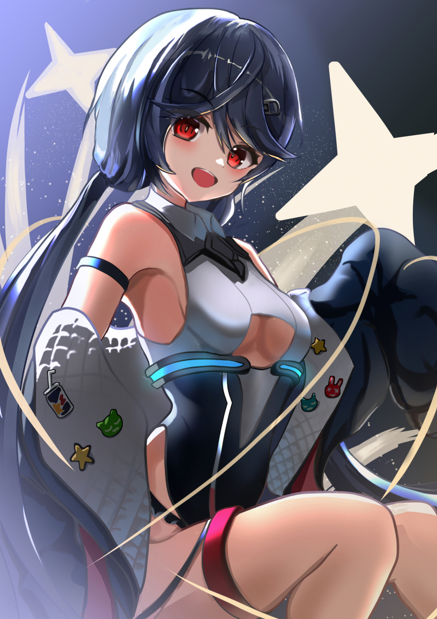 1girl :d absurdres allen_m._sumner_(azur_lane) asagiri_rey azur_lane bare_shoulders black_hair black_jacket black_leotard breasts highleg highleg_leotard highres jacket leotard long_hair looking_at_viewer medium_breasts open_clothes open_jacket open_mouth red_eyes smile solo star_(symbol) teeth thigh_strap twintails underboob upper_teeth_only very_long_hair