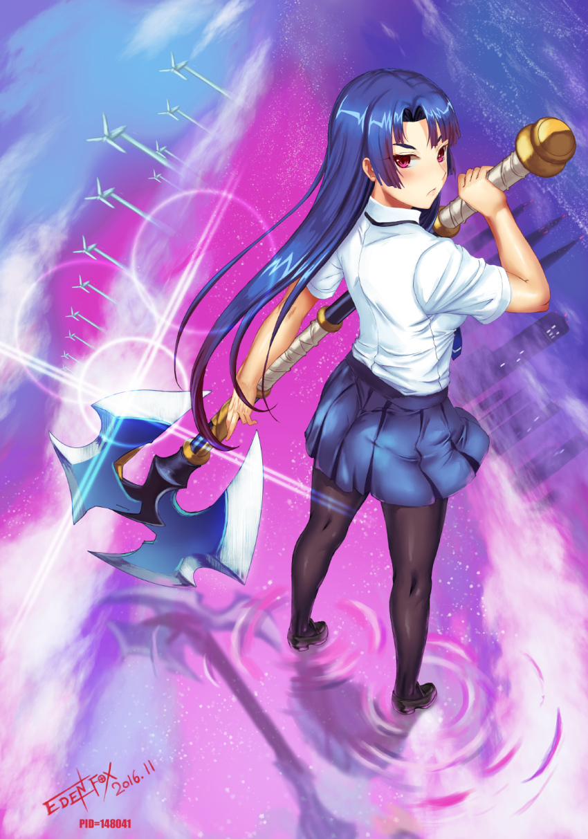 00s 1girl 2016 :/ artist_name axe battle_axe black_pantyhose black_shoes blue_hair blue_necktie blush breasts building closed_mouth dated edenfox female_focus from_behind full_body highres holding holding_weapon lilith-soft loafers long_hair looking_at_viewer looking_back necktie pantyhose pink_eyes red_eyes reflection school_uniform shirt shoes short_sleeves skirt solo standing taimanin_(series) taimanin_asagi taimanin_asagi_zero very_long_hair weapon white_shirt windmill yatsu_murasaki