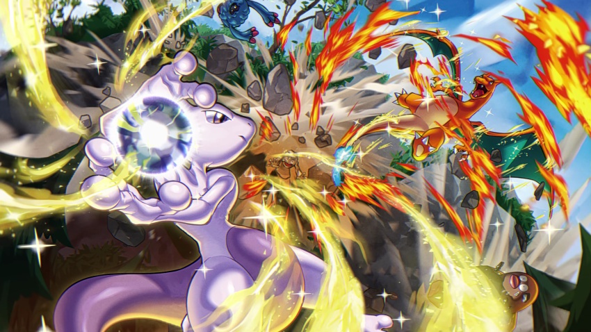 absurdres animal_focus artist_request card_(medium) charizard claws copyright_name day destruction diglett dragon dragon_wings energy_ball epic explosion fighting fire flying forest full_body gen_1_pokemon gen_4_pokemon geodude grass highres horns legendary_pokemon looking_at_another mewtwo mountain multiple_others nature nintendo no_humans official_art outdoors plant pokemon pokemon_(creature) pokemon_tcg surprised tail tangrowth tree vines violence wings