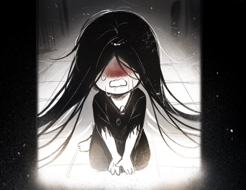 1boy black_hair black_kimono blood blood_on_face commentary crying deformed english_commentary highres homicipher indoors japanese_clothes kimono long_hair male_focus mr._crawling solo sweeeet_him very_long_hair