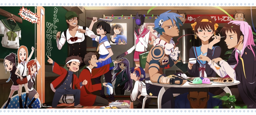 6+boys abe_takakazu ahoge alternate_costume angry annotation_request azumanga_daiou bad_id bad_pixiv_id bag banner belt black_eyes black_hair blue_eyes blue_hair blush boota_(ttgl) bra brown_eyes brown_hair cape cardigan chalkboard character_request chihara_minori chocolate_cornet chopsticks clannad classroom clothes_hanger code_geass confetti cosplay crossdressing crossover cup da_capo da_capo_i dango dango_daikazoku fingerless_gloves food fujibayashi_kyou glasses gloves gotou_yuuko green_eyes happy hat headband hiding higurashi_no_naku_koro_ni hirano_aya inuyasha itou_makoto_(school_days) izumi_konata kamina_(ttgl) katsura_kotonoha katsura_kotonoha_(cosplay) knife kogami_akira kogami_akira_(cosplay) koizumi_itsuki koizumi_itsuki_(cosplay) kouzuki_kallen kururugi_suzaku kuso_miso_technique kyon lelouch_vi_britannia lingerie long_image louise_francoise_le_blanc_de_la_valliere louise_francoise_le_blanc_de_la_valliere_(cosplay) lucky_star male_focus microphone minori_chihara money multiple_boys multiple_crossover nagato_yuki nagato_yuki_(cosplay) necktie nyokki orange_hair overman_king_gainer pantyhose party plant poster_(medium) poster_(object) purple_eyes purple_hair red_hair ribbon ryuuguu_rena ryuuguu_rena_(cosplay) scarf school school_days school_uniform serafuku shakugan_no_shana shiraishi_minoru shopping_bag shuffle! simon_(ttgl) skirt suzumiya_haruhi suzumiya_haruhi_(cosplay) suzumiya_haruhi_no_yuuutsu sweatdrop table taniguchi_(suzumiya_haruhi) tattoo tengen_toppa_gurren_lagann tomitake_jirou umi_no_manateii under_table underwear voice_actor voice_actor_connection wagashi wand what wide_image wig yaranaika yellow_eyes yoko_littner yoko_littner_(cosplay) yukkuri_shiteitte_ne zero_(code_geass) zero_(code_geass)_(cosplay) zero_no_tsukaima