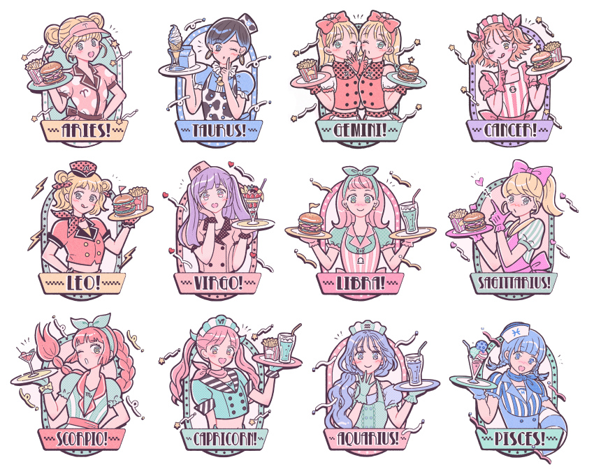 6+girls aquarius_(symbol) aries_(symbol) burger cancer_(symbol) capricorn_(symbol) cocktail english_text food french_fries gemini_(symbol) highres horoscope ice_cream kohaku_ame leo_(symbol) libra_(symbol) looking_at_viewer maid maid_cafe maid_day multiple_girls original pisces_(symbol) sagittarius_(symbol) scorpio_(symbol) smile sundae taurus_(symbol) virgo_(symbol)