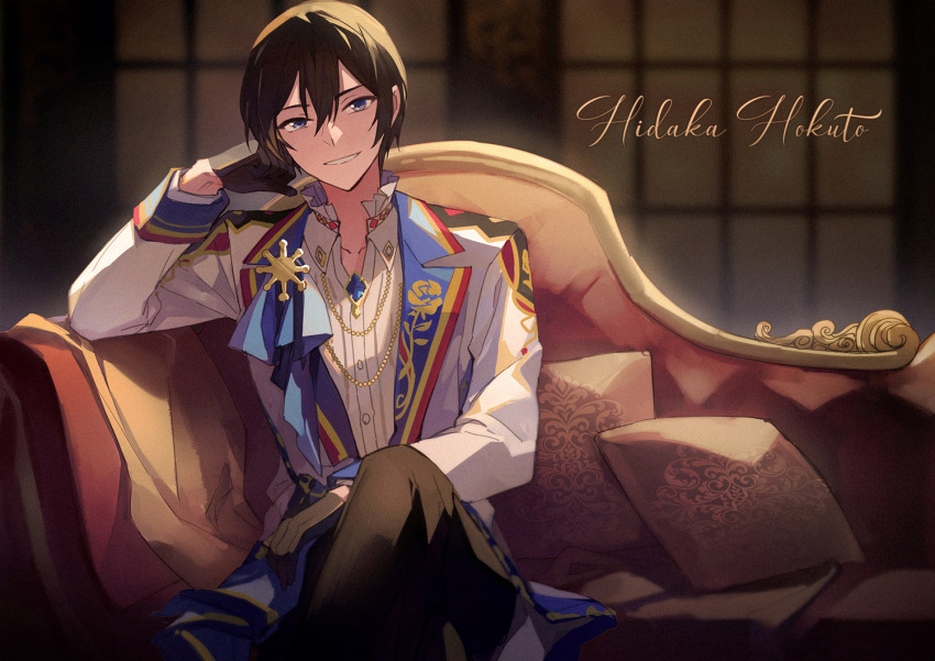 1boy black_gloves black_hair blue_eyes blurry blurry_background character_name clenched_hand couch ensemble_stars! feng_you frilled_shirt_collar frills gloves hair_between_eyes hand_on_own_head hand_on_own_leg hand_rest hidaka_hokuto high_collar jacket long_sleeves looking_at_viewer male_focus official_alternate_costume on_couch pillow shirt smile solo white_jacket white_shirt