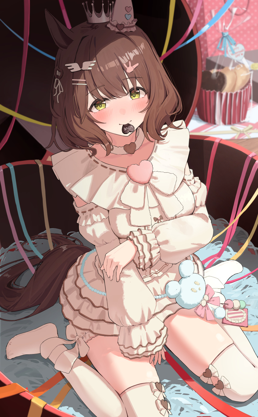 1girl absurdres animal_ears aston_machan_(everlasting_candy)_(umamusume) aston_machan_(umamusume) brown_hair candy chocolate chocolate_heart cidersour commentary commentary_request dress english_commentary food green_eyes heart heart-shaped_food highres horse_ears horse_girl long_sleeves official_alternate_costume short_hair solo thighhighs umamusume valentine white_dress white_thighhighs