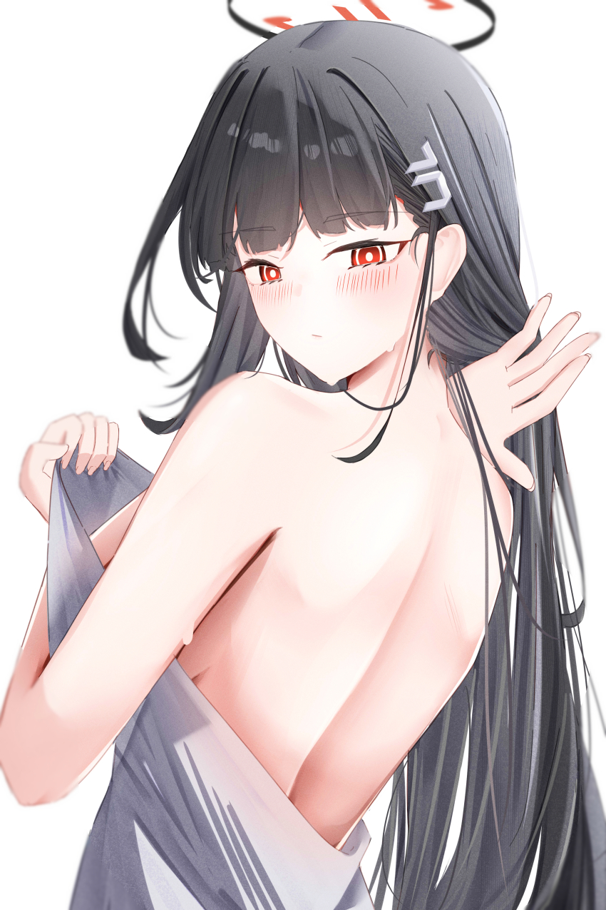 1girl absurdres alternate_costume back bad_anatomy black_hair blue_archive blush breasts closed_mouth dress grey_dress hair_ornament hairpin halo highres large_breasts leonardo_566 long_hair looking_back red_eyes ringed_eyes rio_(blue_archive) simple_background solo strapless strapless_dress upper_body white_background