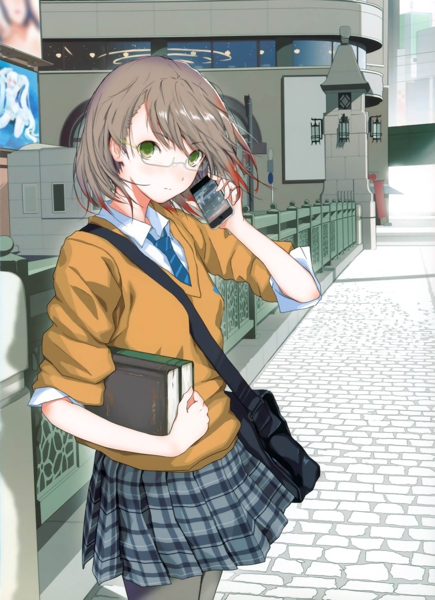 1girl bag book brown_hair cellphone female_focus fuyuno_haruaki glasses green_eyes highres iphone necktie original pantyhose phone plaid_clothes plaid_skirt resized school_uniform short_hair skirt sleeves_pushed_up smartphone solo upscaled
