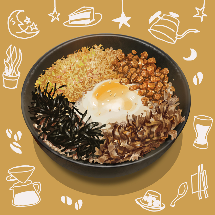 bowl brown_background crescent_moon egg_(food) food food_focus highres lefty_lai meat moon moon_with_face no_humans original shadow star_(symbol) still_life teapot