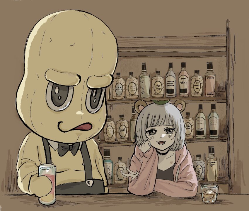 1boy 1girl :3 alcohol animal_ears bald bar_(place) bartender black_bow black_bowtie black_choker black_shirt blush bottle bow bowtie brown_background choker cup detached_collar grey_eyes grey_hair hand_on_own_chin head_rest highres holding holding_cup hood hoodie leaf leaf_on_head long_sleeves looking_at_viewer mascot_costume mode_aim open_clothes open_hoodie open_mouth peanuts-kun pekoriko pink_hoodie ponpoko_(vtuber) raccoon_ears raccoon_girl shelf shirt short_hair sitting suspenders topless_male virtual_youtuber w whiskey