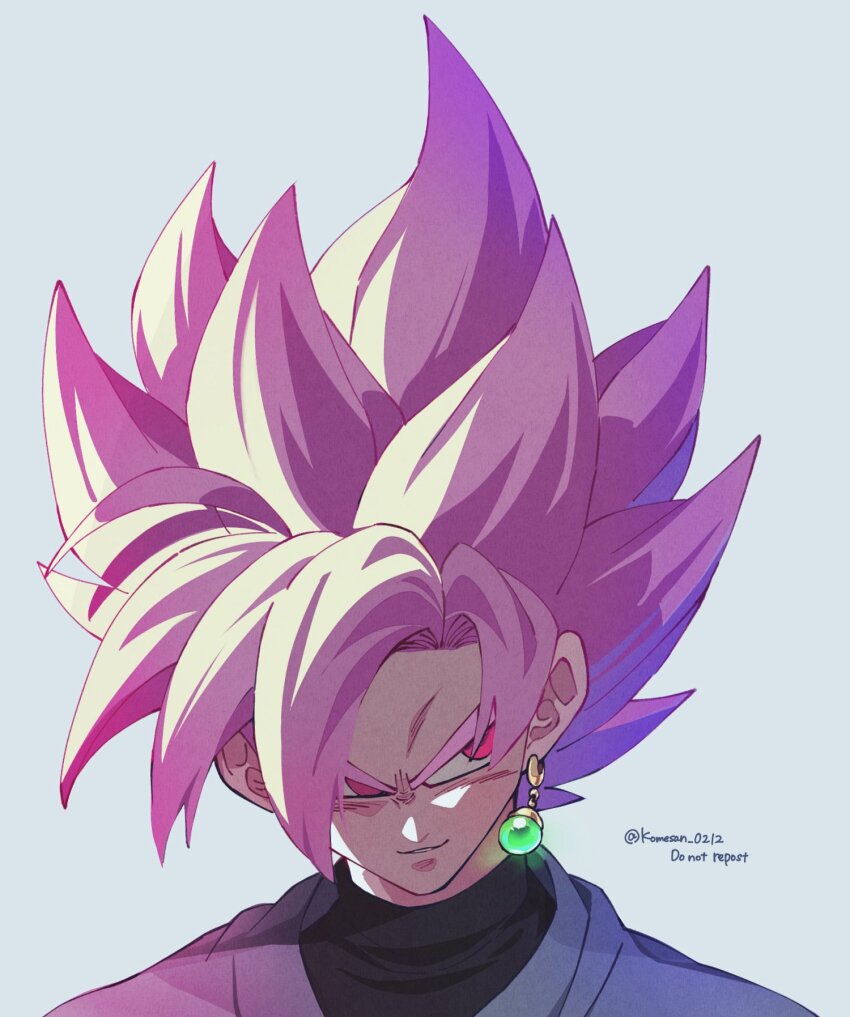 black_shirt close-up dragon_ball dragon_ball_super goku_black grey_background grey_tunic highres komesan_0212 medium_hair pink_hair purple_eyes shadow shirt simple_background spiked_hair super_saiyan super_saiyan_rose tunic twitter_username