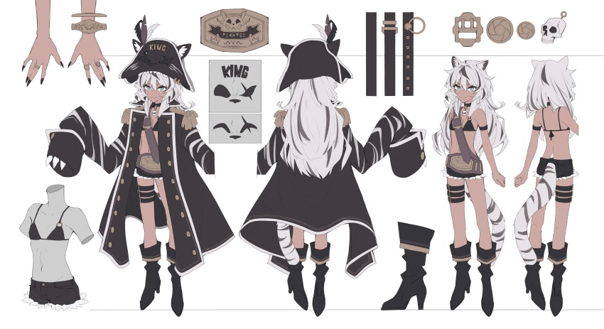 1girl absurdres animal_ear_fluff animal_ears black_bra black_coat black_footwear black_hat black_nails black_shorts blue_eyes bra reference_sheet choker closed_mouth coat commentary dark-skinned_female dark_skin english_commentary full_body gaomi_goro grey_hair hat highres jewelry kamameshi_gougoumaru multicolored_hair multiple_rings multiple_views official_art pirate_hat ring second-party_source shorts sleeves_past_fingers sleeves_past_wrists standing stellarversepro streaked_hair tail two-tone_hair underwear virtual_youtuber white_background