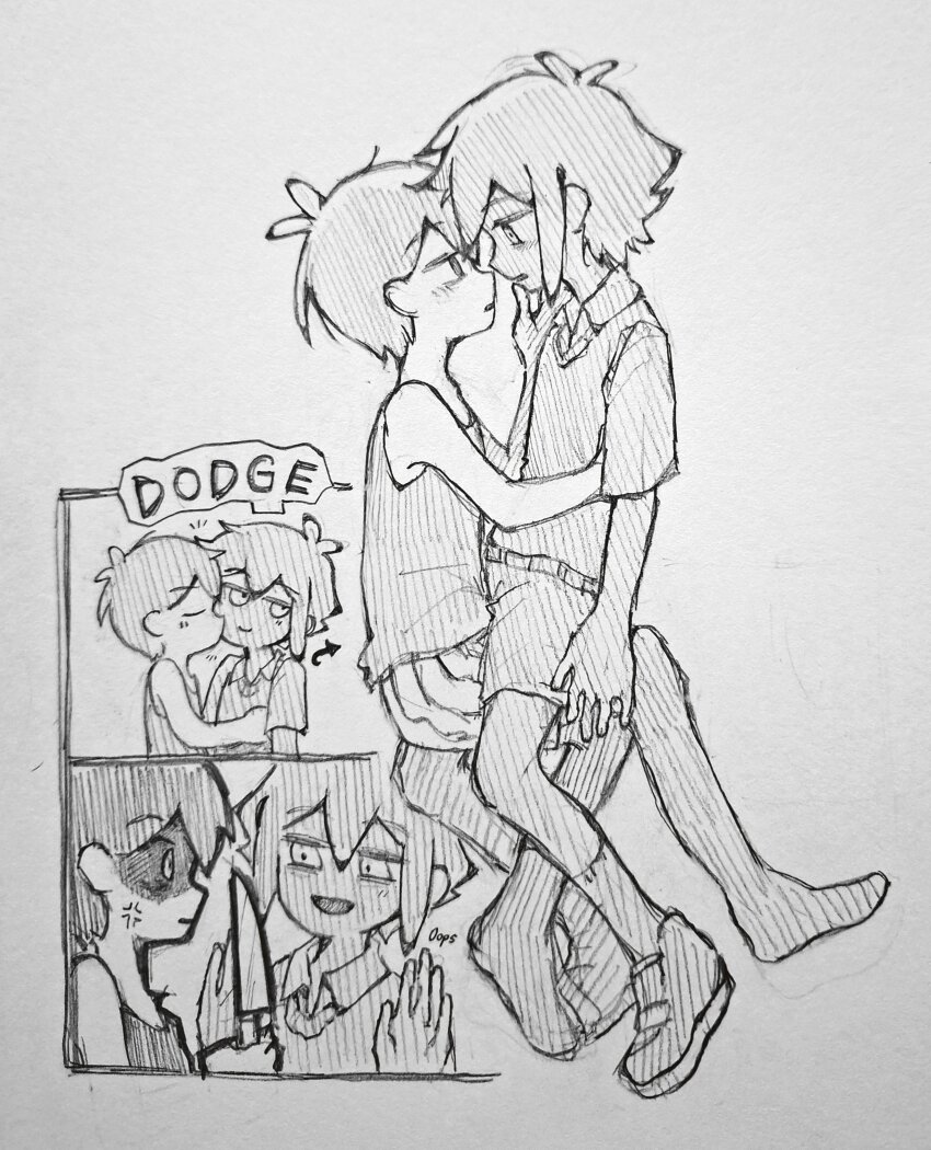 2boys absurdres anger_vein antenna_hair basil_(omori) collared_shirt greyscale highres holding holding_knife knife loafers looking_at_another monochrome multiple_boys omori open_mouth shaded_face shirt shoes short_hair shorts smile socks stranger_(omori) striped_clothes striped_shorts sweater_vest tank_top thatbirdcanfly thighhighs traditional_media vertical-striped_clothes vertical-striped_shorts yaoi