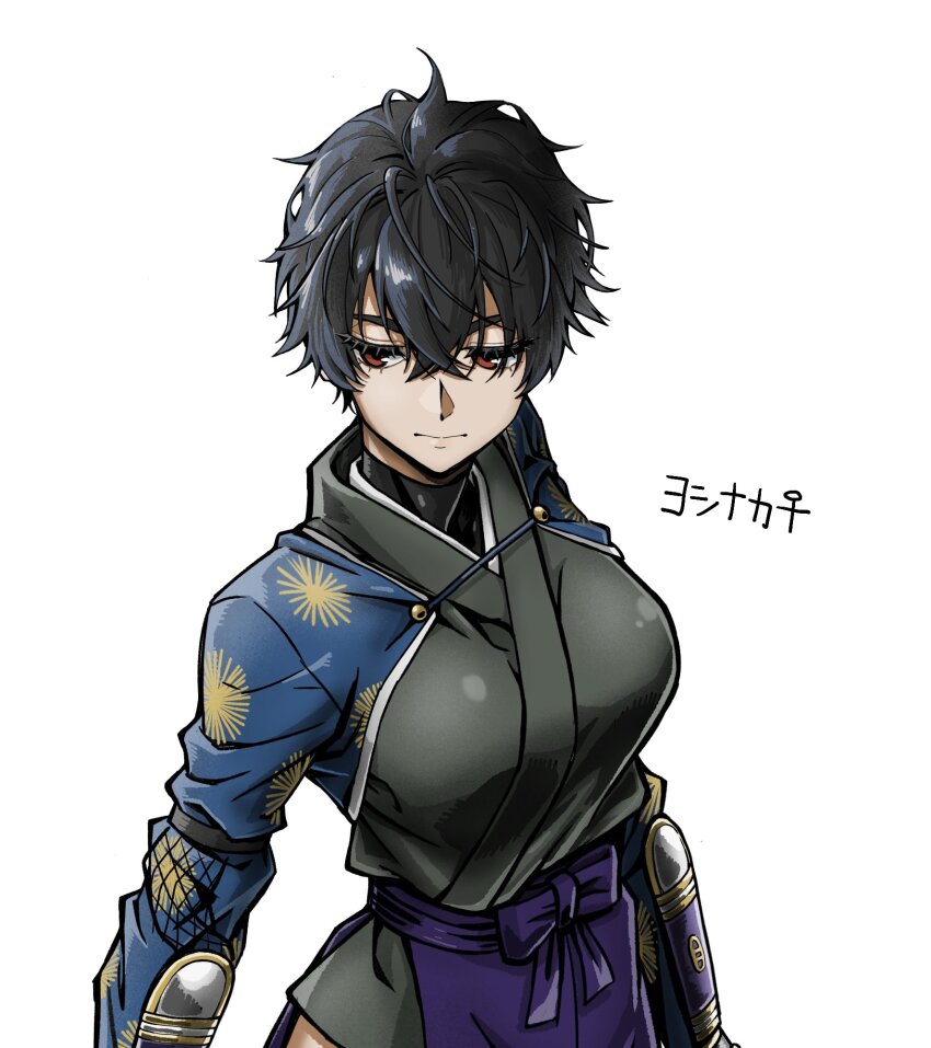 1girl arm_guards black_hair black_kimono breasts character_name fate/samurai_remnant fate_(series) genderswap genderswap_(mtf) highres igote japanese_clothes kimono large_breasts looking_down red_eyes rogue_saber_(fate/samurai_remnant) short_hair simple_background solo spoilers tontinkan800 turtleneck upper_body white_background