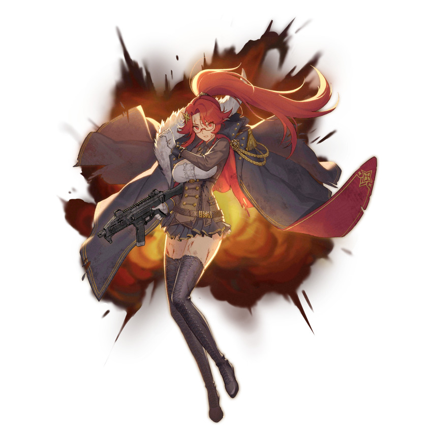 1girl black_coat black_necktie black_shoes black_skirt bleeding blood blood_on_face blush cleavage_cutout closed_mouth clothing_cutout coat coat_on_shoulders cz_scorpion_evo_3 epaulettes evo_3_(girls&#039;_frontline) evo_3_(mod3)_(girls&#039;_frontline) explosion full_body girls&#039;_frontline gloves gun hair_ornament highres holding holding_gun holding_weapon kugi_ta_hori_taira long_hair military_uniform necktie official_alternate_costume official_art pleated_skirt ponytail red-framed_eyewear red_coat shoes short_necktie simple_background single_epaulette skirt smile solo submachine_gun swept_bangs thighhighs third-party_source torn_clothes torn_coat torn_footwear transparent_background trigger_discipline two-sided_coat two-sided_fabric very_long_hair weapon white_gloves zettai_ryouiki