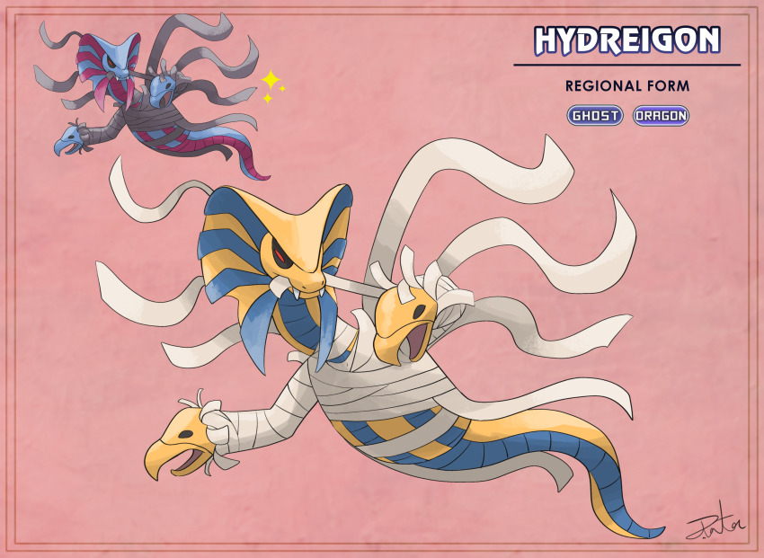 absurdres alternate_color alternate_form ancient_egyptian black_sclera character_name cobra_(animal) colored_sclera dragon english_text fakemon fangs gen_5_pokemon gugenheim98 highres hydra hydreigon multiple_heads mummy nintendo no_humans pink_background pokemon pokemon_(creature) red_eyes shiny_pokemon signature wings