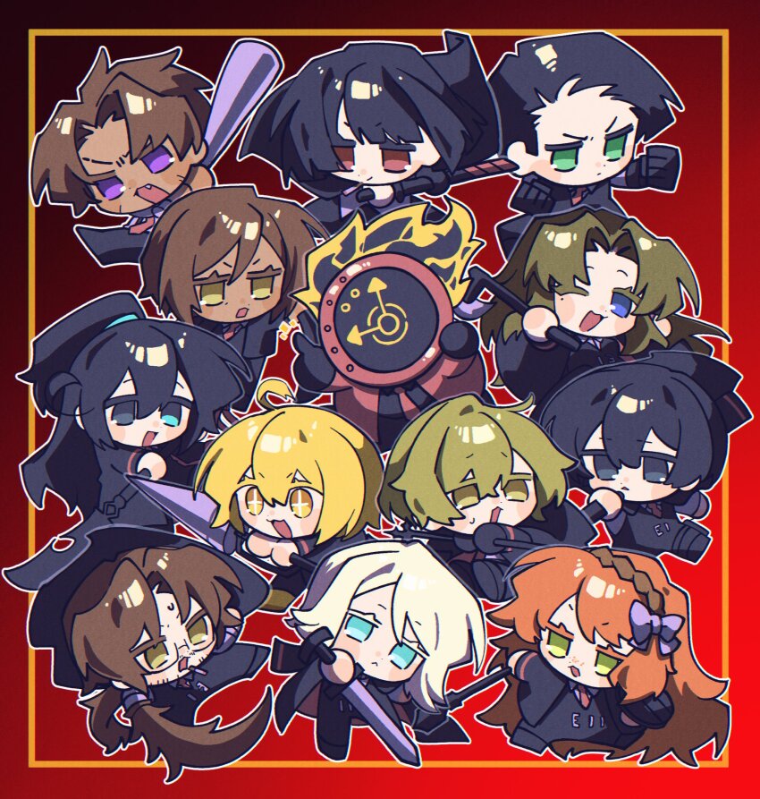 +_+ 1other 6+boys 6+girls :3 :d :o ;3 ahoge aqua_eyes axe baseball_bat battle_axe beard_stubble belt belt_buckle black_belt black_coat black_eyes black_gloves black_hair black_jacket black_pants black_vest blonde_hair blue_eyes blush bow bright_pupils brown_hair brown_hairband buckle chibi chromatic_aberration cigarette clock closed_mouth coat commentary dante_(limbus_company) dark-skinned_female dark-skinned_male dark_skin don_quixote_(project_moon) everyone eyebrow_cut facial_hair facial_scar fang faust_(project_moon) freckles frown furrowed_brow gauntlets gloves gradient_background green_eyes gregor_(project_moon) guan_dao hair_between_eyes hair_bow hairband half_updo heathcliff_(project_moon) heterochromia highres holding holding_axe holding_baseball_bat holding_polearm holding_sword holding_weapon hong_lu_(project_moon) ishmael_(project_moon) jacket katana lance limbus_company long_hair long_sleeves meursault_(project_moon) multiple_boys multiple_girls mustache_stubble nantekottawo!! necktie object_head one_eye_closed open_mouth orange_eyes orange_hair outis_(project_moon) outline pants parted_bangs polearm ponytail project_moon purple_eyes red_background red_eyes red_necktie rodion_(project_moon) ryoshu_(project_moon) scar scar_on_cheek scar_on_face shirt short_hair simple_background sinclair_(project_moon) smile stubble sweat sword triangle_mouth v-shaped_eyebrows vest weapon white_hair white_outline white_pupils white_shirt yellow_eyes yi_sang_(project_moon)