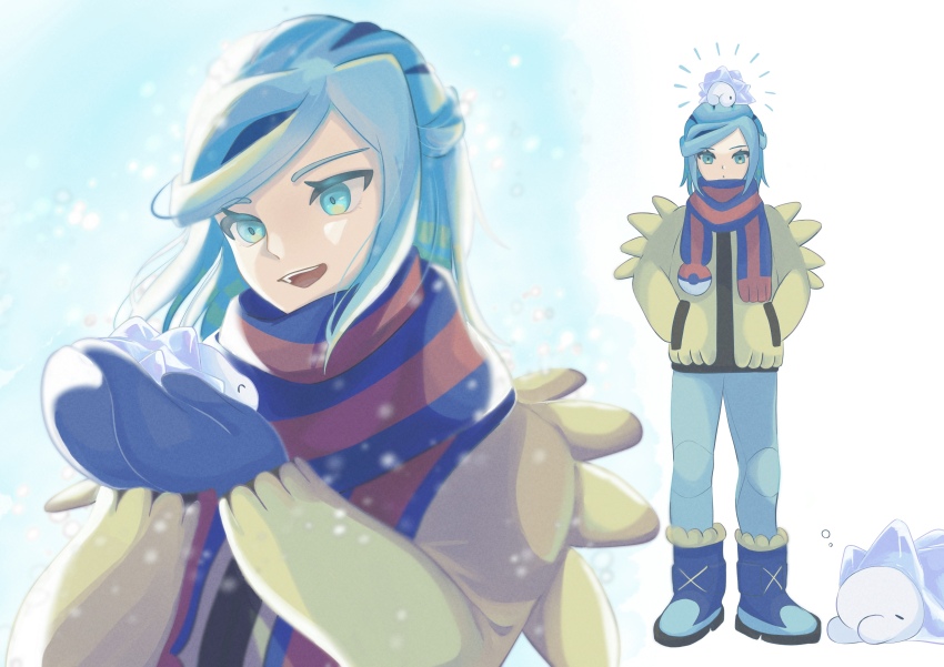 1boy :d absurdres blue_footwear blue_mittens blue_scarf boots closed_mouth commentary_request eyelashes gen_8_pokemon green_eyes green_pants grusha_(pokemon) hands_in_pockets hands_up highres holding holding_pokemon jacket long_sleeves male_focus mittens multiple_views nintendo on_head open_mouth pants pokemon pokemon_(creature) pokemon_on_head pokemon_sv ryusa_(gjgd7445) scarf smile snom standing striped_clothes striped_scarf teeth upper_teeth_only yellow_jacket