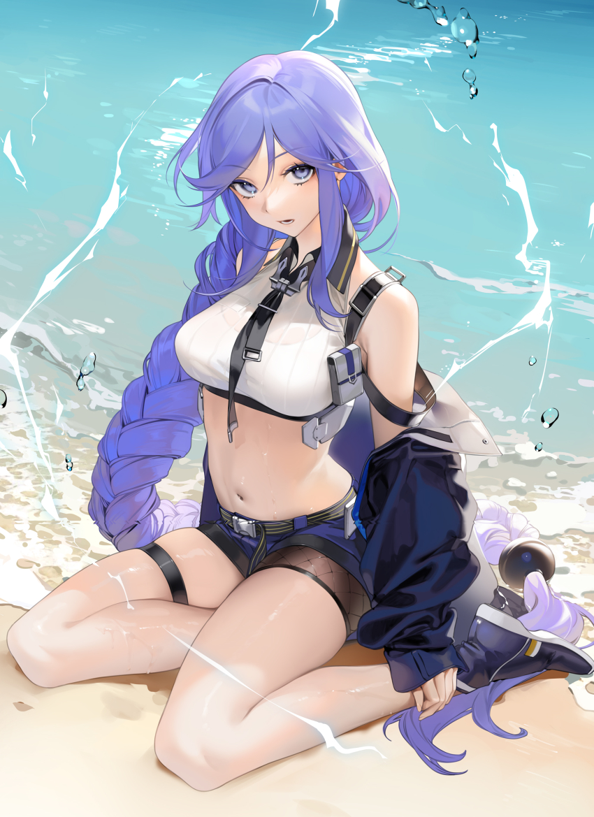 1girl absurdly_long_hair absurdres azur_lane bare_legs bare_shoulders beach biloxi_(azur_lane) black_jacket black_shoes black_shorts blue_eyes blue_hair braid breasts caustics collared_shirt crop_top fishnets highres jacket large_breasts long_hair long_sleeves looking_at_viewer micro_shorts midriff navel necktie off_shoulder ohisashiburi open_clothes open_jacket open_mouth shirt shoes short_shorts shorts single_braid sitting skindentation sleeveless sleeveless_shirt solo stomach strap thigh_strap thighs very_long_hair water wet white_shirt yokozuwari
