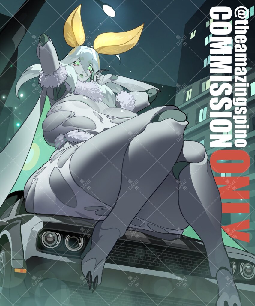 1girl antennae arthropod_girl breasts cape car colored_skin commission dodge_(company) dodge_challenger dodge_challenger_(3rd_generation) dress fingernails fur_scarf green_eyes green_lips grey_cape grey_dress grey_hair grey_skin hair_between_eyes highres huge_breasts insect_girl kamitoge_supino long_fingernails long_hair looking_at_viewer monster_girl moth_girl motor_vehicle muscle_car night on_car on_vehicle original parted_lips scarf short_eyebrows sitting solo thick_eyebrows torn_clothes torn_dress twitter_username watermark white_scarf
