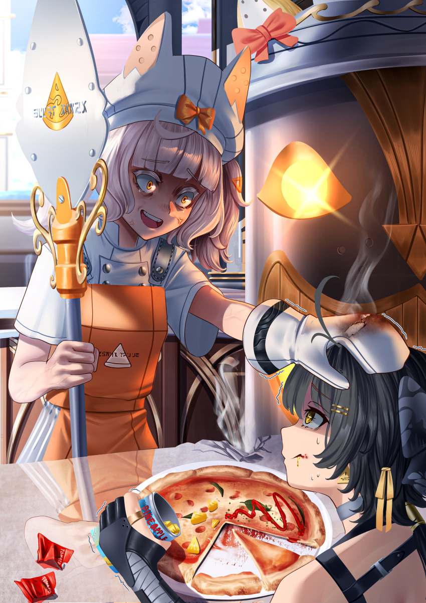 2girls absurdres anger_vein apron black_bow black_gloves blue_sky bow can chef_hat commentary day eating female_rover_(wuthering_waves) gloves hair_bow hair_ribbon hat hawaiian_pizza highres holding holding_can looking_at_another manjo_(warito) margherita_(wuthering_waves) margherita_pizza mittens multiple_girls open_mouth orange_apron orange_eyes outdoors oven_mitts partially_fingerless_gloves pineapple_on_pizza pizza ribbon rover_(wuthering_waves) shirt short_hair single_mitten sky sweatdrop symbol-only_commentary teeth upper_teeth_only veins white_hat white_shirt wuthering_waves yellow_eyes yellow_ribbon