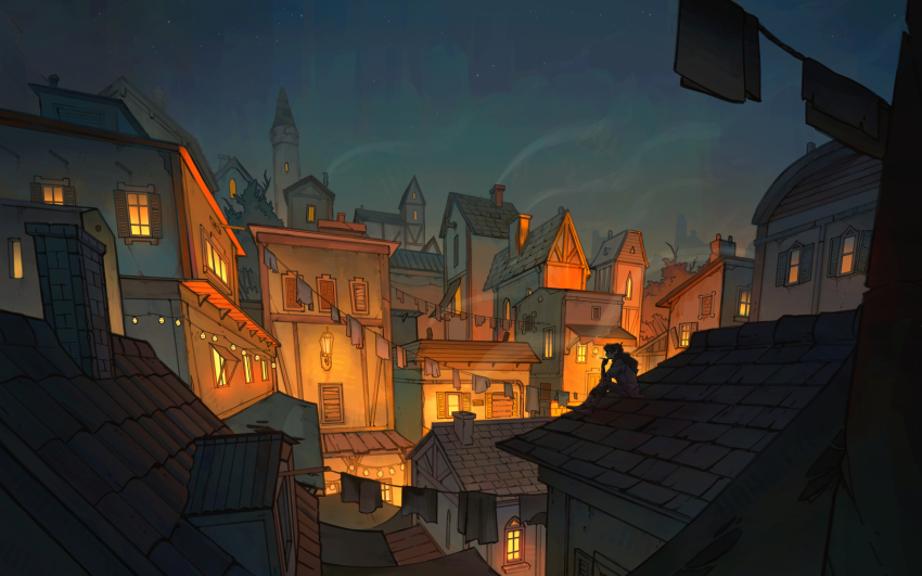 1other absurdres aimeedrawsstuff boots chimney city_lights cityscape clothesline from_side hand_on_own_chin hanging_from_clothesline highres night night_sky on_roof outdoors pants rooftop scenery sitting sitting_on_roof sky skyline string_lights tower wide_shot window