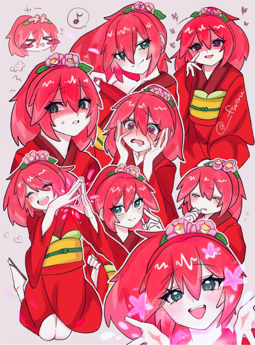 1girl blush closed_eyes flower green_eyes hair_flower hair_ornament heart heart-shaped_pupils highres japanese_clothes kimono long_hair looking_at_viewer multiple_views musical_note nipachann open_mouth pink_flower red_hair red_kimono speech_bubble spoken_musical_note symbol-shaped_pupils teeth tsubakihime_(youkai_watch) upper_teeth_only youkai_(youkai_watch) youkai_watch
