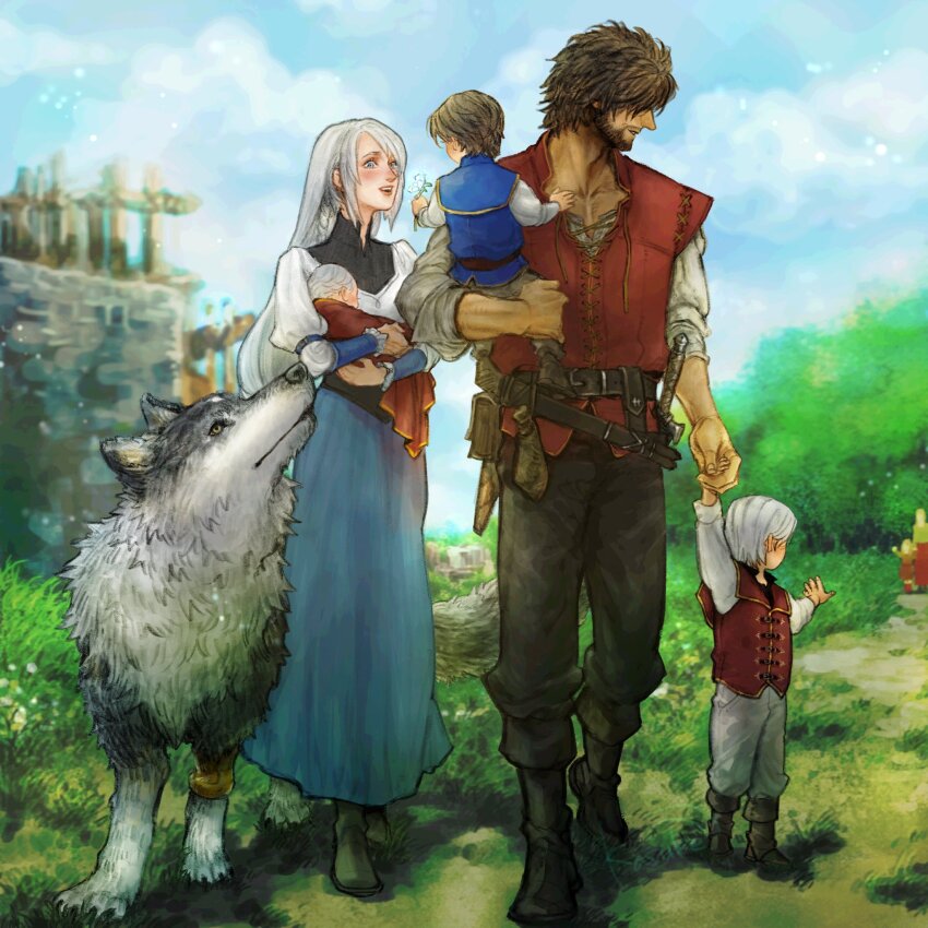 animal baby belt belt_buckle black_pants blue_eyes blue_skirt blue_sky blush brown_hair buckle carrying carrying_person child clive_rosfield cloud cloudy_sky commentary english_commentary family father_and_son final_fantasy final_fantasy_xvi full_body grass grey_hair grey_pants grey_shirt grey_wolf highres carrying_baby holding_hands husband_and_wife if_they_mated jill_warrick kasuke_(li_tgknk) long_hair looking_at_another mother_and_son outdoors pants red_vest sheath sheathed shirt short_hair siblings skirt sky sword torgal_(ff16) tree vest walking weapon white_shirt