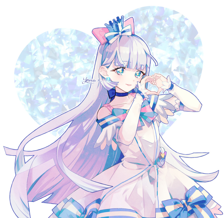 1girl blue_choker blue_eyes bow bowtie choker collarbone crown cure_nyammy dress earrings hair_bow heart heart_hands highres jewelry long_hair looking_at_viewer magical_girl mini_crown nekoyashiki_yuki precure signature solo very_long_hair white_dress white_hair wonderful_precure! yoshida_haruyuki
