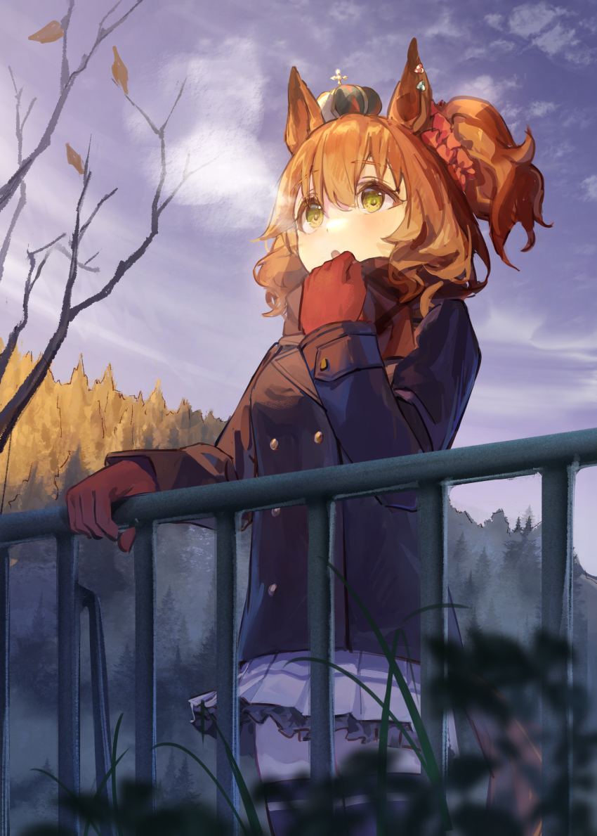 1girl absurdres animal_ears aston_machan_(umamusume) breasts brown_hair commentary crown gloves green_eyes hair_between_eyes hair_ornament heavy_breathing highres horse_ears horse_girl medium_breasts school_uniform sky thighhighs tree umamusume winter_uniform yu_hydra