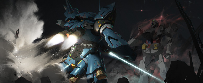 absurdres arinchi battle energy_sword commentary duel dust_cloud fake_screenshot gundam gundam_0080 gundam_alex highres kampfer_(mobile_suit) mecha mecha_focus mobile_suit original redesign robot ruins science_fiction shoulder_spikes smoke spikes thrusters v-fin