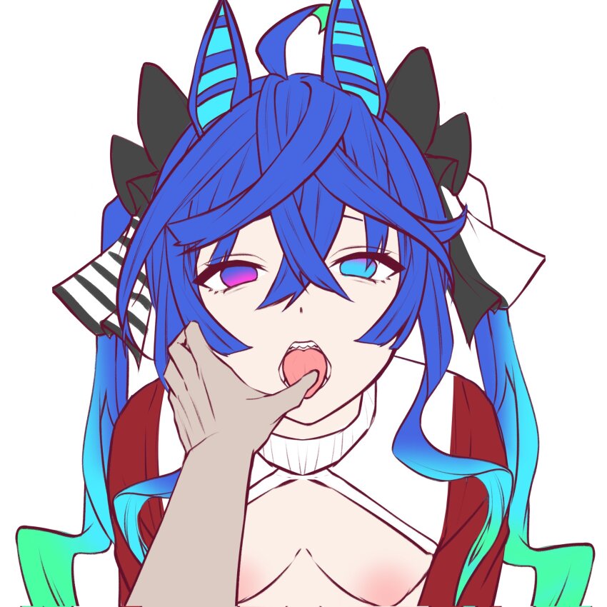 1boy 1girl ahoge animal_ears black_bow blue_eyes blue_hair bow breasts breasts_out corrupted_twitter_file crossed_bangs empty_eyes hair_between_eyes hair_bow hetero highres horse_ears horse_girl jacket jiang_ethan long_hair looking_at_viewer medium_breasts nipples open_mouth pov pov_hands pulling_tongue purple_eyes red_jacket simple_background solo_focus tongue tongue_out track_jacket twin_turbo_(umamusume) umamusume upper_body white_background