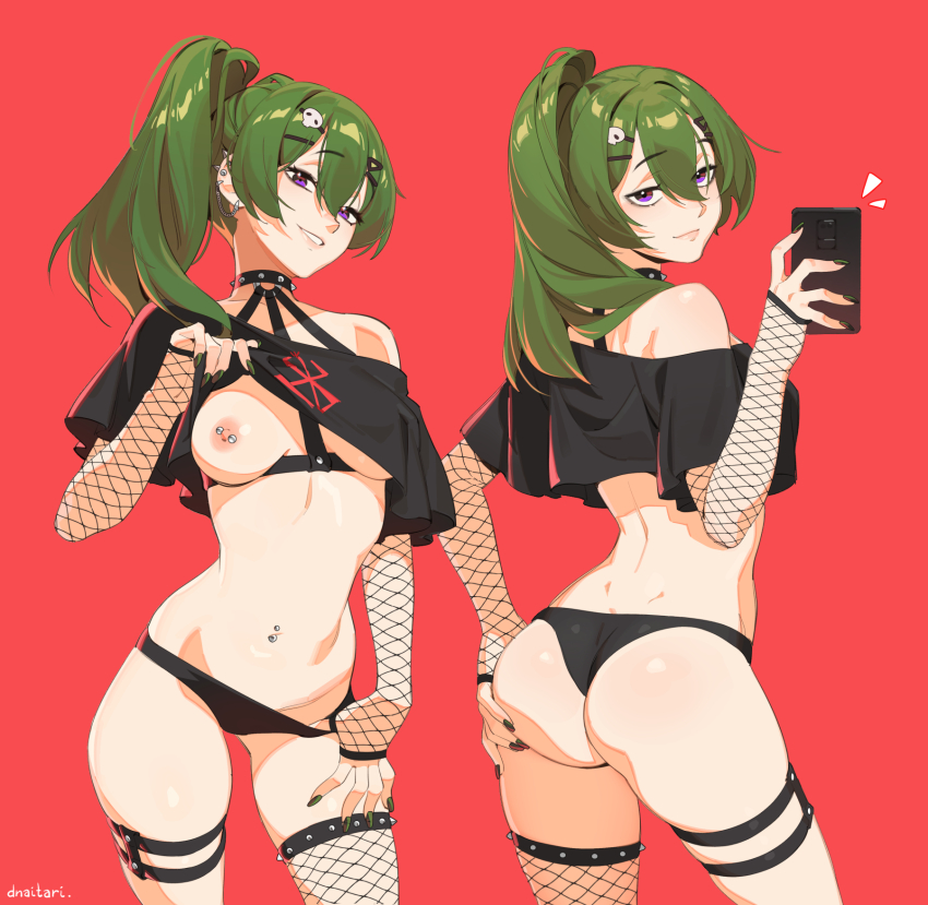1girl alternate_costume artist_name ass berserk black_nails black_panties black_shirt brand_of_sacrifice breasts clothes_lift commentary cowboy_shot dnaitari earrings elbow_gloves english_commentary fingernails fishnet_gloves fishnet_thighhighs fishnets from_behind gloves green_hair hair_between_eyes hair_ornament hairclip hand_on_own_ass highres holding holding_phone jewelry large_breasts lifting_own_clothes long_hair looking_at_viewer looking_back multiple_views nail_polish navel navel_piercing nipple_piercing nipples one_breast_out panties parted_lips phone piercing ponytail purple_eyes red_background shirt shirt_lift sidelocks simple_background smile sousou_no_frieren standing thighhighs thighs ubel_(sousou_no_frieren) underwear