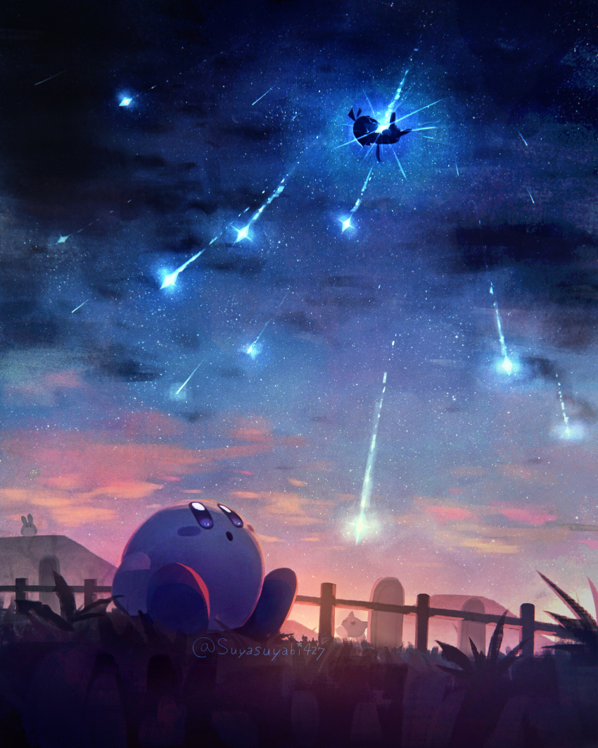 1girl :o artist_name blue_eyes blush blush_stickers cloud commentary_request crystal_shards dawn dress fairy fairy_wings falling fence grass hair_ribbon hataraku_ufo highres hill jobski kirby kirby_(series) kirby_64 looking_up meteor_shower n-z nintendo no_humans on_grass open_mouth outdoors polof ribbon ribbon_(kirby) short_hair sitting sky star_(sky) star_(symbol) starry_sky suyasuyabi twilight twitter_username ufo wings wooden_fence